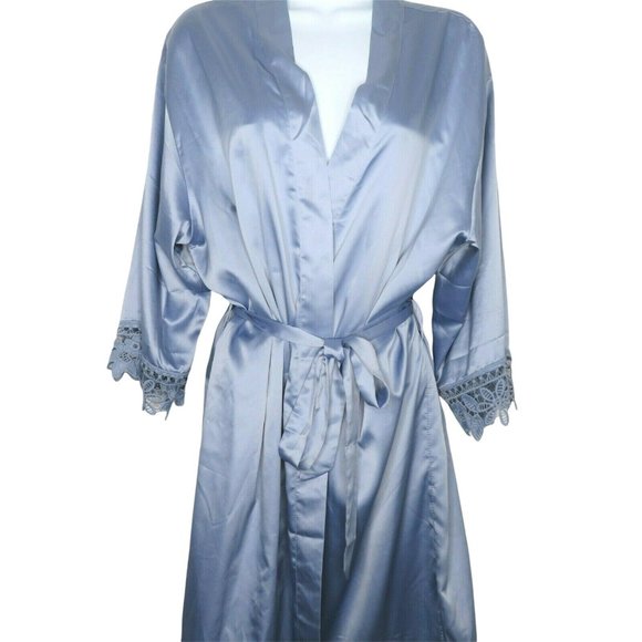 Vintage Blue Satin Dressing Bath Robe One Size Wide Lace Trim Knee Length Belted - Picture 5 of 12